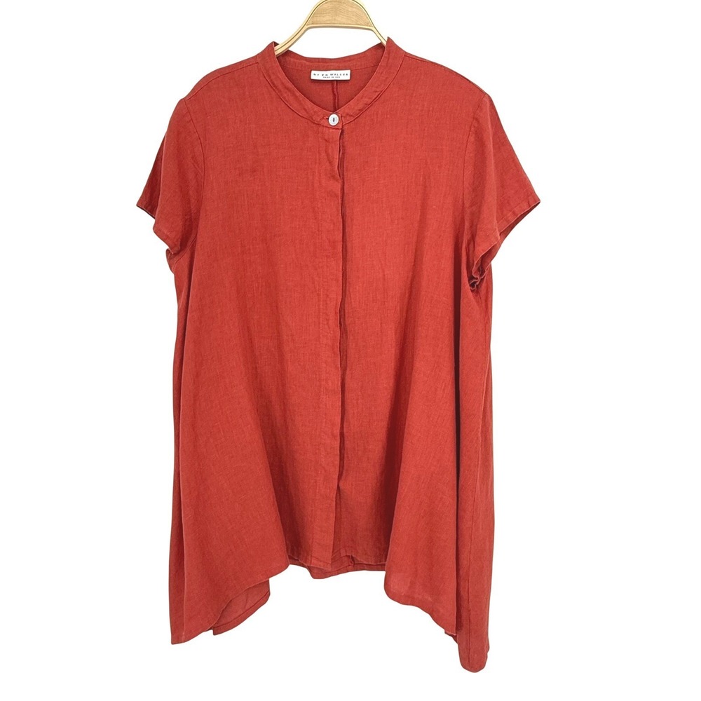 Bryn Walker Linen Tunic Womens‎ Large Red Mandarin Collar Short Sleeve Excellent